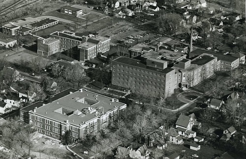 An aerial shot of the hospital in 1964