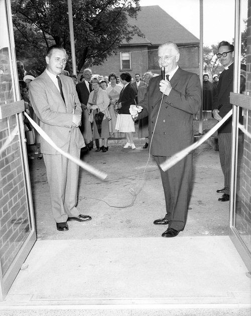 BGH CEO R. Allan Hay with Ontario Premier Leslie Frost cutting the ribbon